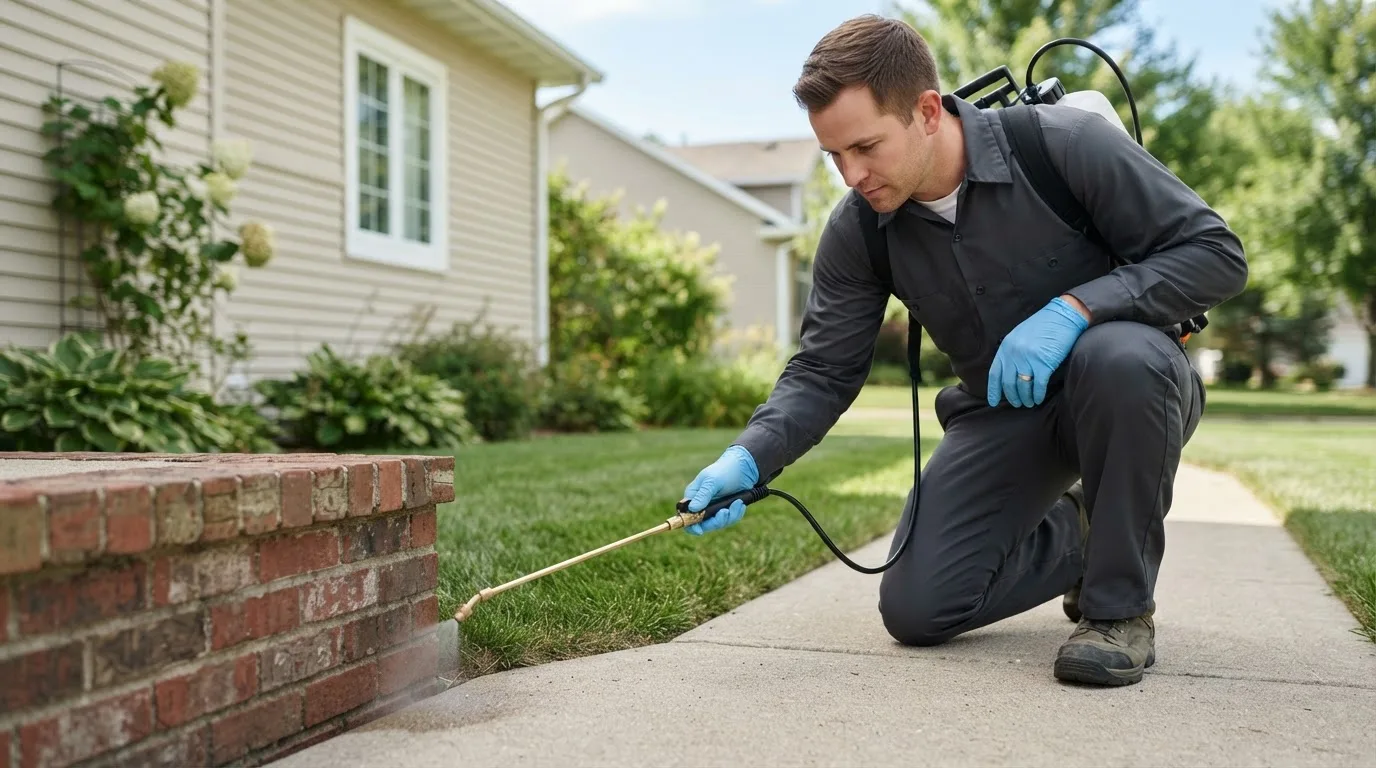 Pest control technician treating a home near Braceville, IL