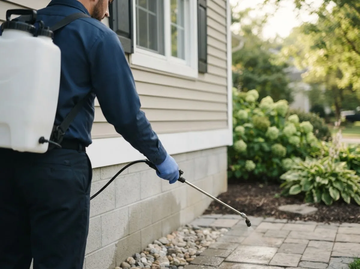 Pest control technician inspecting a home in Braceville, IL